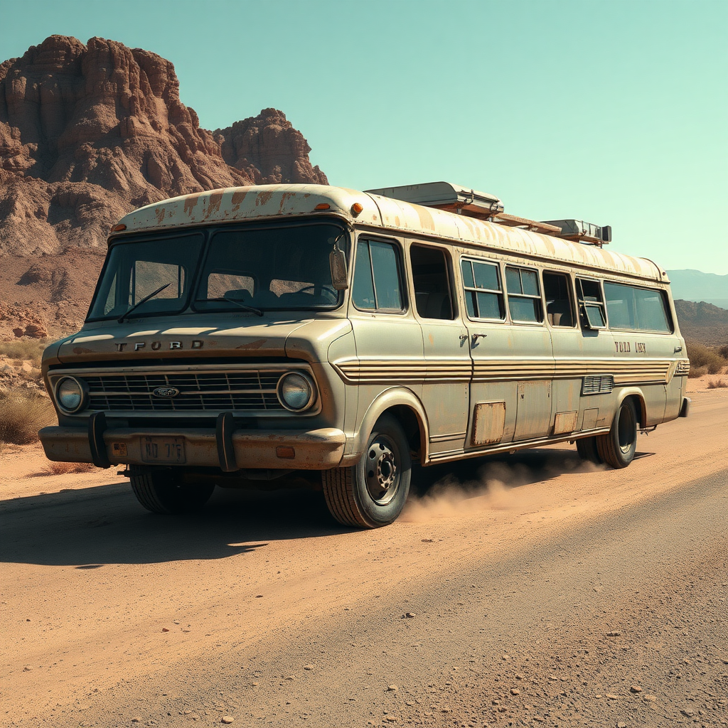 Ford Falcon Mad Max post-Indian apocalyptic dust rusty zombie the bus is parked on the side of the road, inspired by Taiyō Matsumoto, tumblr, restomod, nd4, c4