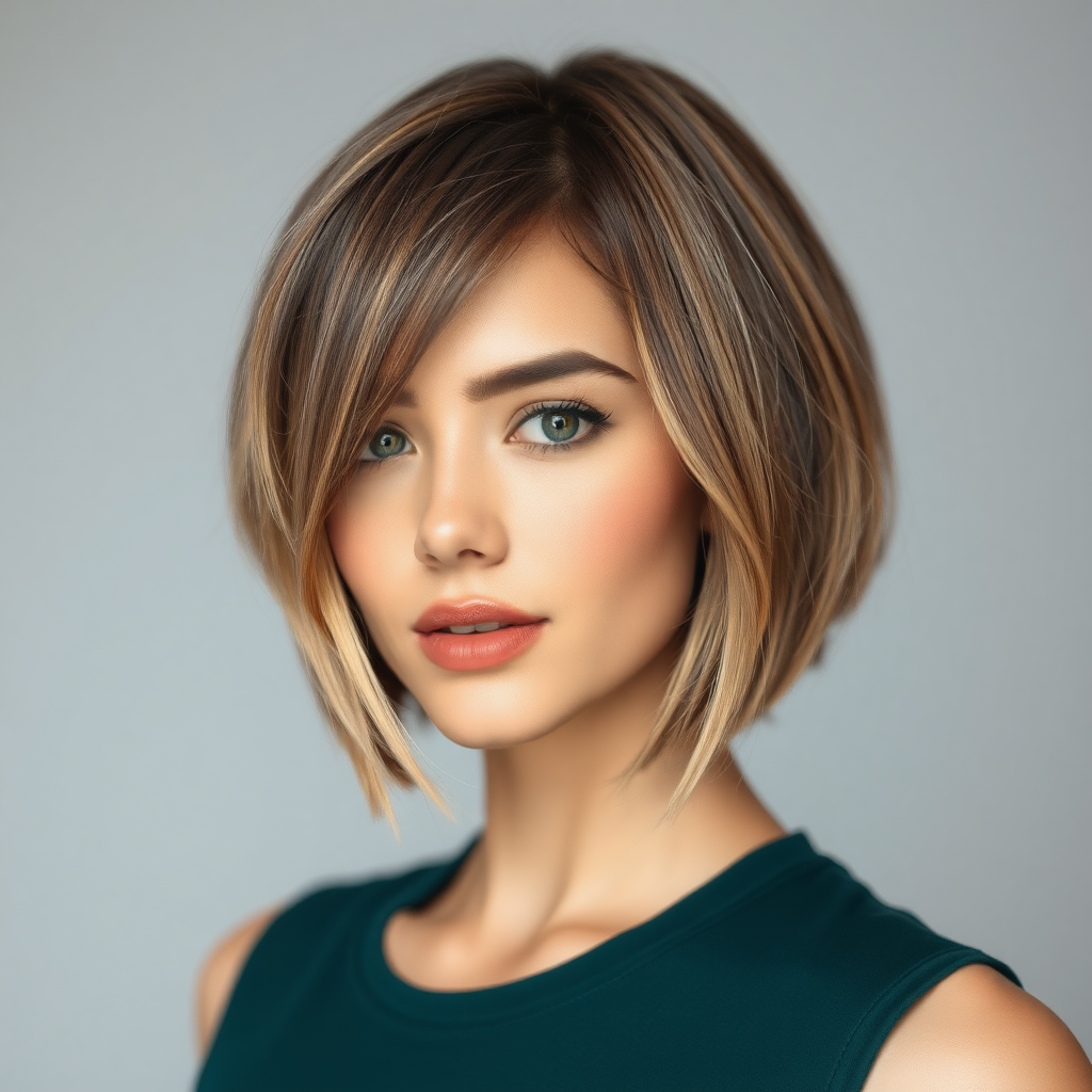 Beautiful model with a layered bob haircut, charming prodigal look.