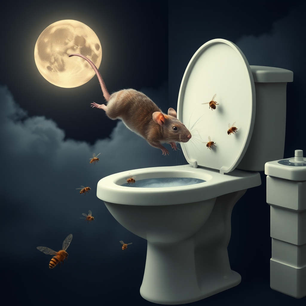 A rat diving off the moon into a toilet, bees