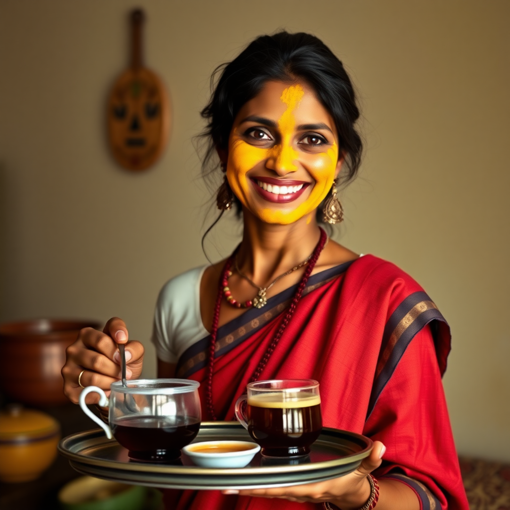 slim, 30 year old, sexy, traditional indian wife, turmeric face mask. She is smiling and serving coffee on a tray to guests.