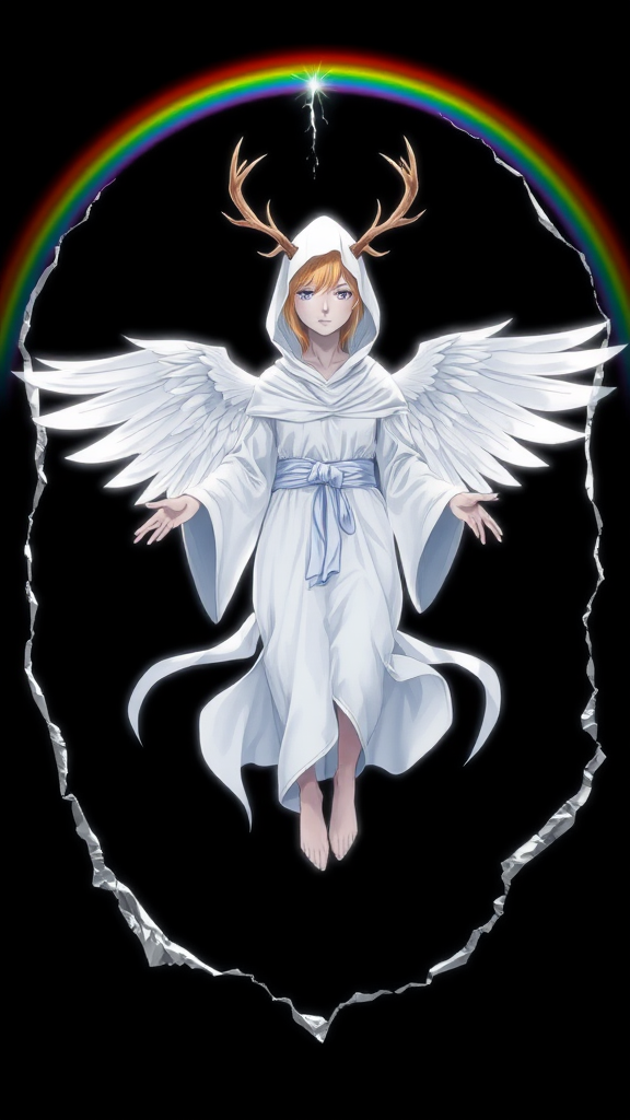 (Anime Style-art) Black background with rainbow-barrier broken, a completely female faceless, grey-skinned, wearing a white hood, golden haired women covered in pure white light, 2 deer antlers, 2 angel wings, glowing-white robes, hands out, floating mid-air, looking at viewer, full body view