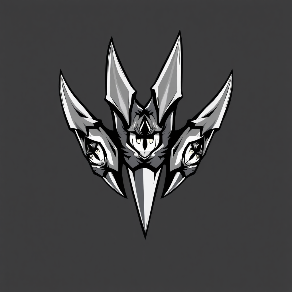 Create an anime-style illustration featuring a stylized claw with lion eyes. The image shows a claw with three sharp points, each possessing an eye drawn in the center. The eyes have an intense gaze and are surrounded by details that emphasize their dramatic shapes. Use a monochromatic color scheme to enhance the drama of the illustration, ensuring that both the claws and the eyes are prominent in the design. This artwork should embody strength and intensity, suitable for branding or logo use, and it appears to be part of a design for fabric, possibly for a t-shirt or a uniform.