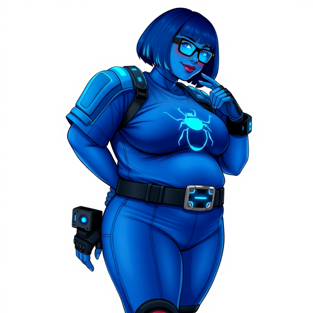 A 28-year-old, full-figured, metallic maximum blue (5PB 5/10) skinned computer program hybrid with a maximum blue bob cut. She has a non-athletic build, highlighted by a prominent, round, large midsection (with heavy emphasis on her belly), which shows the effects of her love of junk food acquired from her boyfriend. As the full-figured, nerdy, digital sidekick to her cyberpunk vigilante boyfriend, her metallic maximum blue skin and maximum blue lipstick (5PB 5/12) emphasize her digital nature. Her skin has a subtle, animated glow, with digital patterns occasionally flickering across it, making her digital nature obvious. She wears a digital, computerized costume, consisting of a huge, tight-fitting, maximum blue t-shirt (5PB 5/12) with a neon blue glowing chest icon of a beetle, hi-tech shoulder pads with neon blue accents, a black hi-tech belt with a digital neon blue glowing buckle, digital maximum blue pants (5PB 5/12) with neon blue accents, and black hi-tech fingerless biker gloves with neon blue glowing accents. Her neon blue glowing eyes, black eyeglasses with neon blue glowing lenses equipped with a built-in HUD, and bashful smile with neon red blush accentuate her nerdiness. She stands bashfully with one hand behind her back and the other hand gently touching her cheek, her costume covering all her skin and fully emphasizing her full-figured physique (especially her belly). She is clearly non-athletic, with a focus on her full-figured physique. Despite her build, she radiates beauty. She has a slim face compared to her physique, accentuating her radiant beauty. She is on a solid white background. She is drawn as if she were in a retro 2D cyberpunk fighting game. Ensure her skin has a maximum blue (5PB 5/10) skin tone.