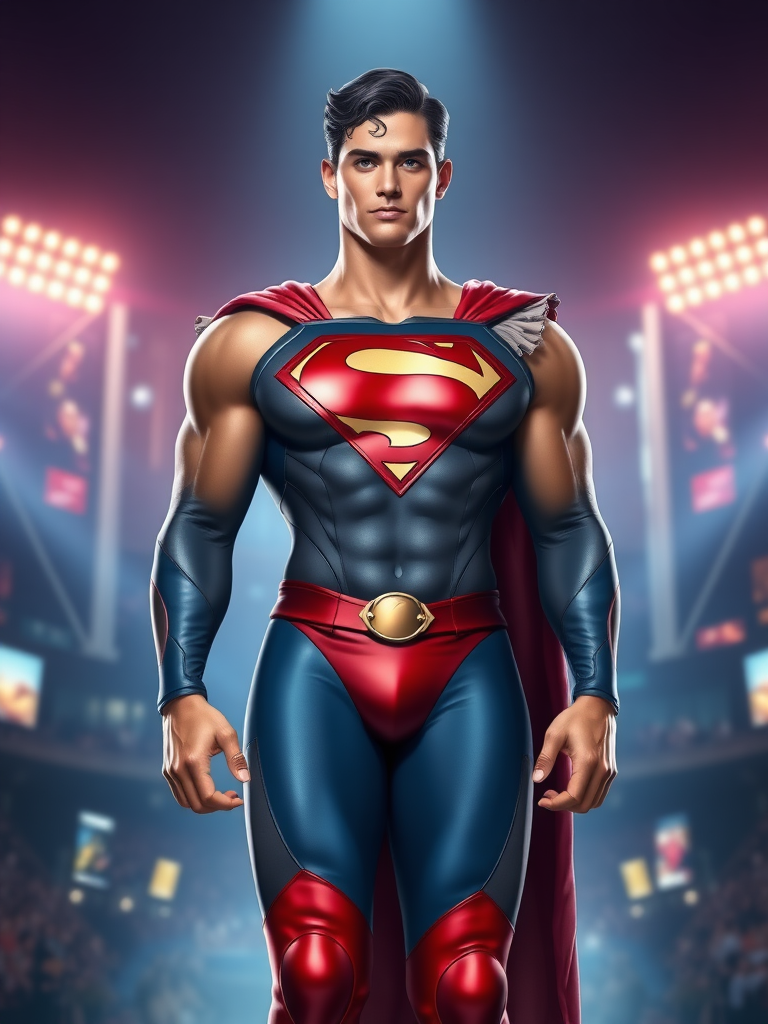 Create a full-length image of Superman with the female body traits of R Mika. Maintain Superman's head and face but give the character a strong, muscular yet feminine physique, emphasizing an athletic torso, broad shoulders, and an hourglass waist. Retain his core costume, adding elements from R Mika's outfit, like the color scheme and frilled accents. Set this hybrid character in a dynamically lit cityscape, blending the heroic essence of Metropolis with the vibrant, energetic vibe of a wrestling arena.