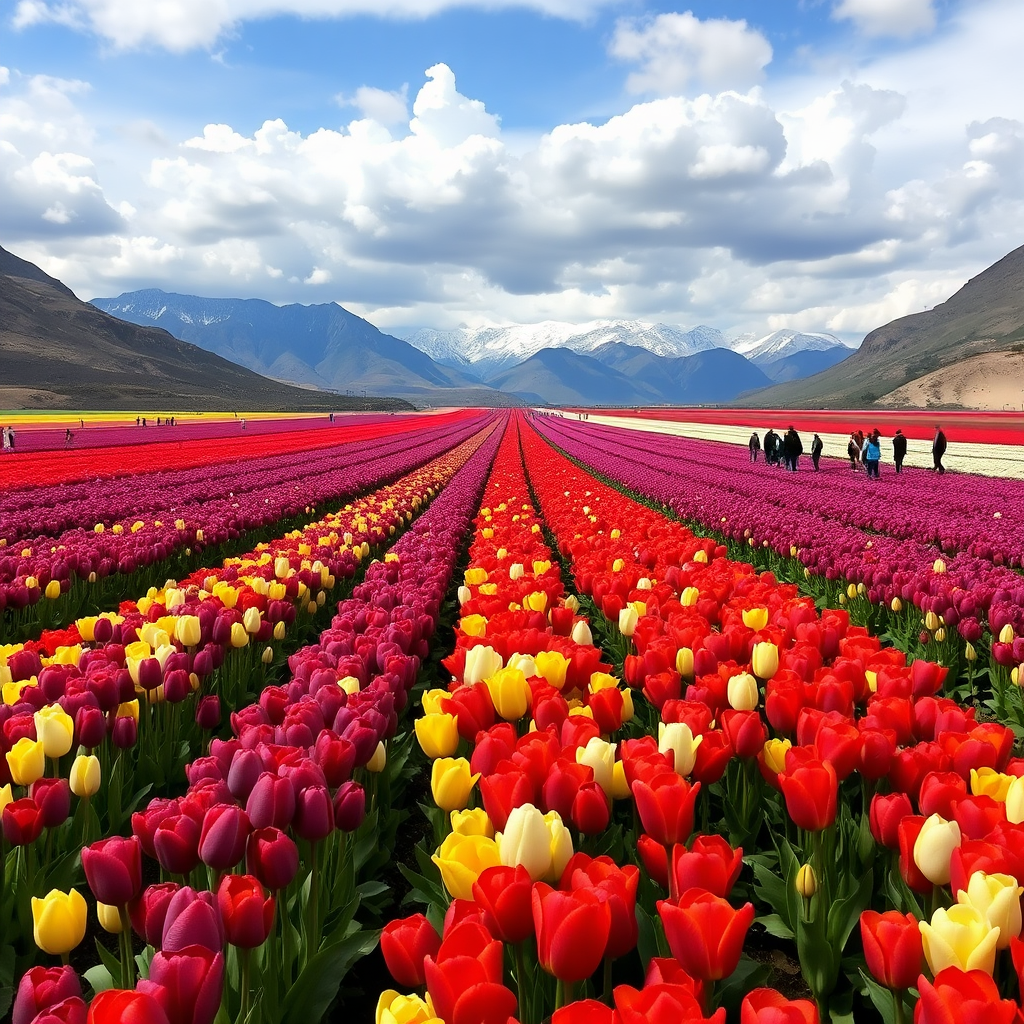 large and very long expanses of solid-colored tulips in purple, yellow, red, and white, with mountains in the background and a sky with clouds and the presence of many people.