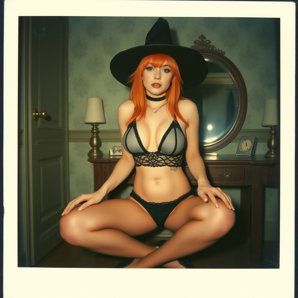 scan of an old polaroid photo with heavy dark vignetting and a blue color tint to the photograph and visible light leaks.  The photo depicts a sexy alt goth woman with pale skin and brightly colored dyed hair. She has large breasts with ample cleavage and is wearing a tiny revealing bikini bra with triangle shaped cups.  She is wearing a witch hat.  The image looks hazy and grungy.  She is in an old house with wallpaper on the walls.  Dark lighting with camera flash used. Candid.  she is wearing a tiny revealing lace thong and thigh high stockings.  She is sitting on a builtin vanity with a mirror with her knees spread apart.  She is wearing black high heels.  She has skin texture and visible pores and imperfections.