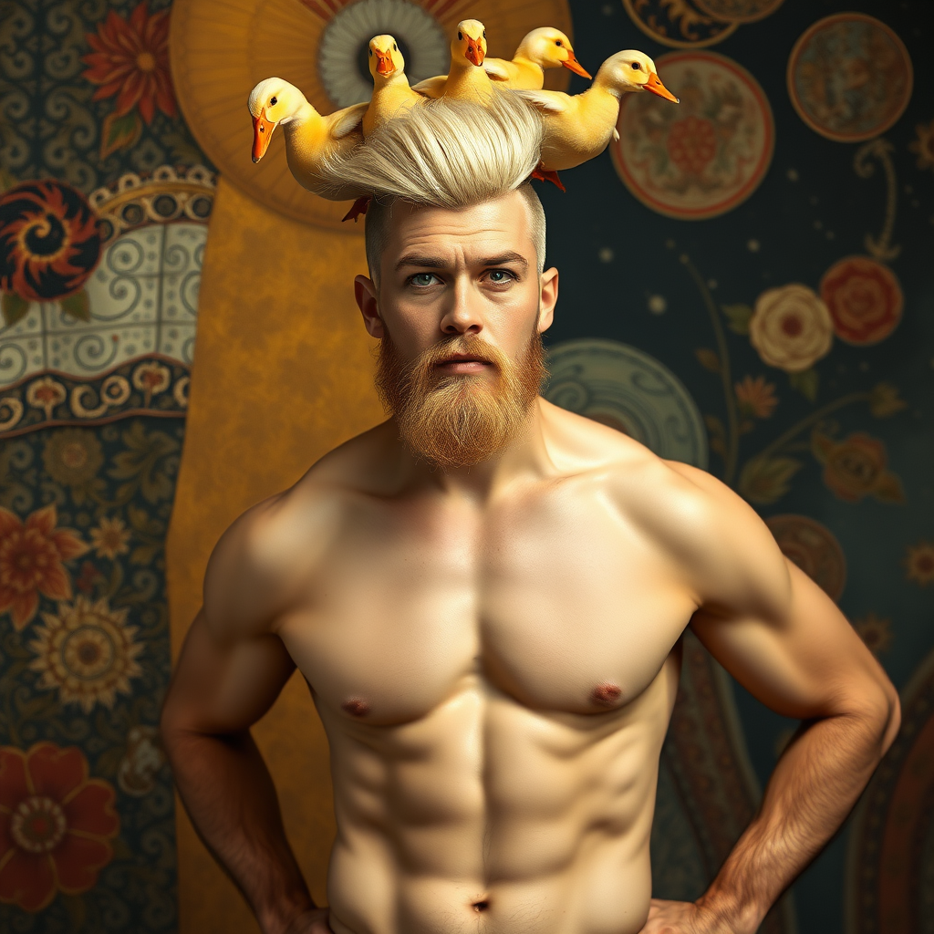 The background is a painting by Gustav Klimt. A 4K hyper-realistic photograph in the style of Kandinsky, blending surrealism with kitsch. The subject is a man with an extravagant, Italian blond haircut, styled in a flamboyant bun, paired with a sexy, Masculine look. He sports a neatly groomed, three-day beard — short, evenly distributed, with a light shadow effect across the chin, jawline, and cheeks. His makeup is dramatic, like a drag queen, adding to the boldness of his appearance. He has a muscular, athletic build. He’s naked, standing confidently with his hands on his hips. Above him, smaller ducks rest playfully on his head.