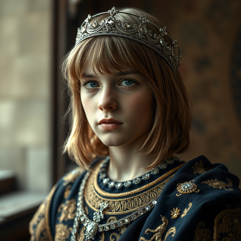 16yo teen bare boy prince, long bob cut, embroidered with gold and diamonds medieval cloths, diamond diadem. photorealistic, ultra high resolution, 16K,