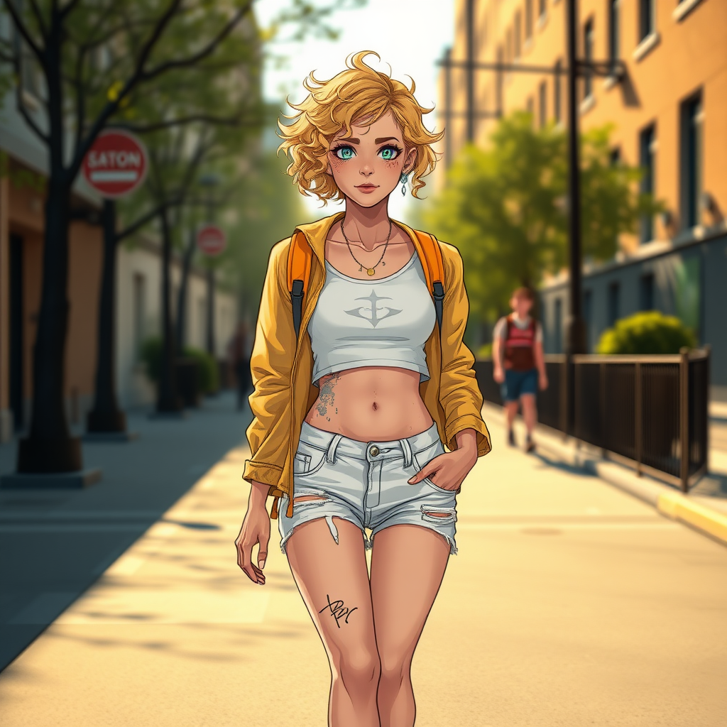 Ultra Realistic taken photo style image, Extremely good quality 8k resolution drawn manga image of a 15 year old petite and short tomboy girl with golden blonde curly hair with mixed and different colored eyes for each eye and moles on her entire body and is a white American girl, Has on a Gold Jacket over a white extremely short crop top only covering her breasts and nothing more with a design on it, and has on ripped shorts and cool looking sneakers and a deep and big cut type scar on her stomach from a huge injury she had, with a bright color backpack, ear piercings on, walking on the street to school in the morning with the beautiful sunlight lighting up her body beautifully.