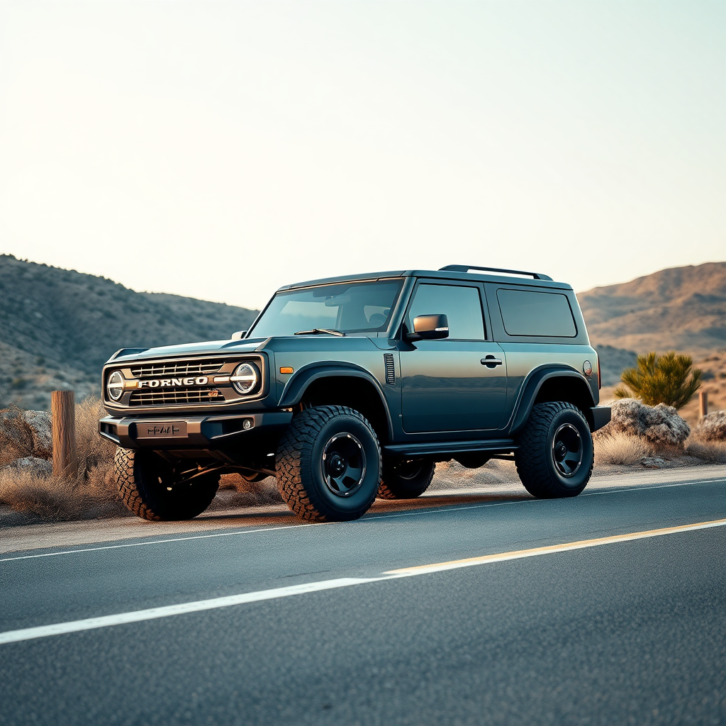 concept ford bronco the 4x4 car is parked on the side of the road, inspired by Taiyō Matsumoto, tumblr, restomod, nd4, c4