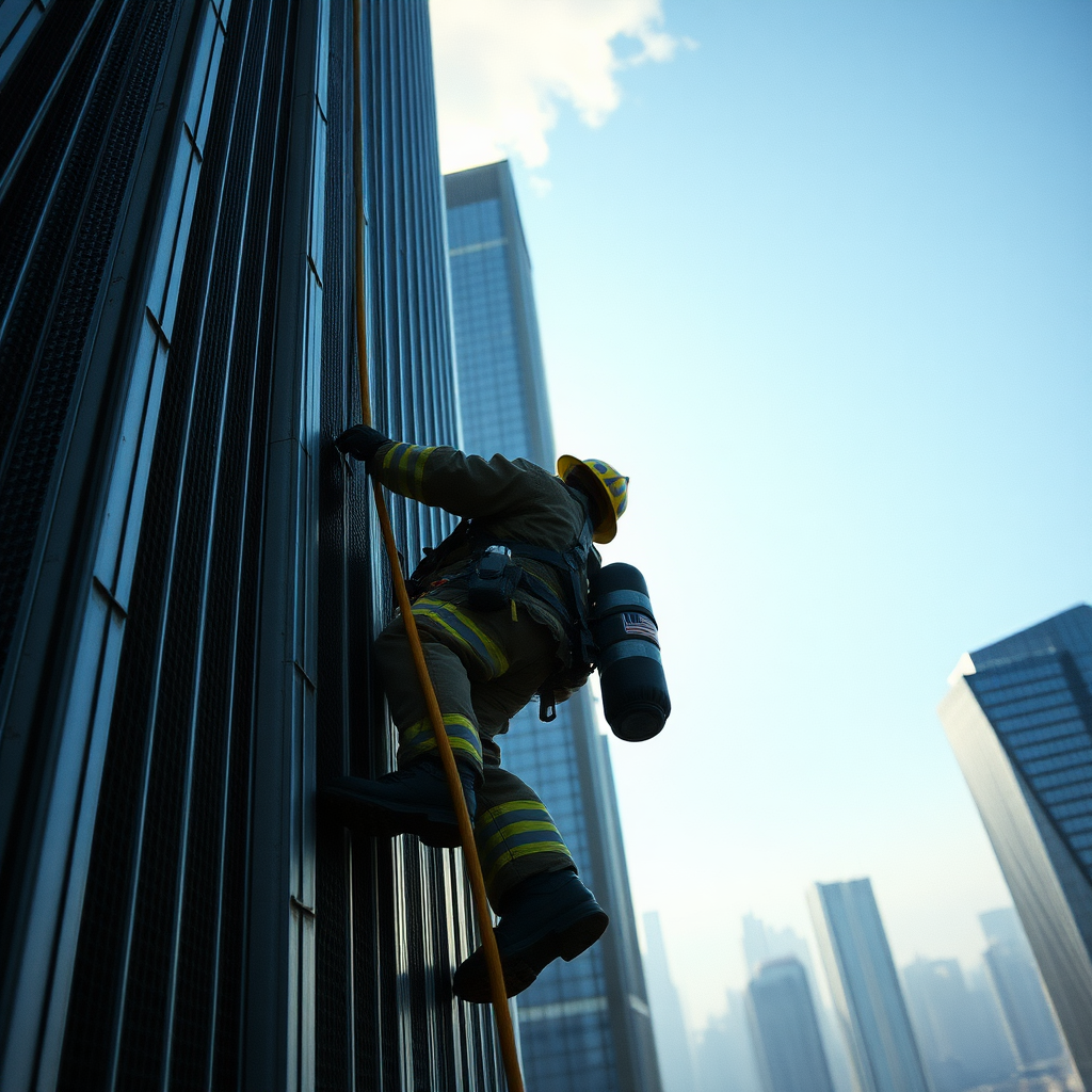 An Italian firefighter climbing the twin towers after 9/11