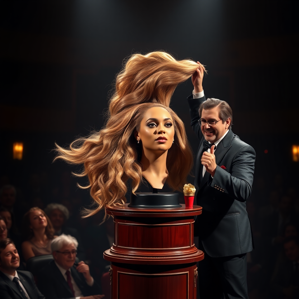 In a dimly lit theater, the atmosphere crackles with anticipation, the audience's murmurs a blend of curiosity and skepticism. On a grand, elegantly adorned display stand sits the disembodied head of the enchanting Beyoncé, her radiant skin glistening under the soft, warm glow of the spotlight. Her striking features are perfectly framed by cascading locks of lustrous, very long hair that shimmer with hues of light brown and hints of rich mahogany, reminiscent of polished silk.

Standing beside her is the magician, a charismatic figure in a sharp, tailored suit that glints with sequins in the light. With theatrical flair, he holds her voluminous hair aloft, fingers splayed wide, deftly spreading it out like a shimmering waterfall, mesmerizing the audience. The hair flows like liquid night, each strand capturing the light as it falls gracefully to the ground, creating a stunning, almost surreal contrast against the stark wooden stage.

The magician’s face is lit with a confident smile, his eyes sparkling with the thrill of the performance, as he engages the audience with playful banter. Their gasps and laughter echo throughout the room, a symphony of wonder and disbelief. The scent of polished wood and fresh popcorn wafts through the air, mingling with the underlying electricity of the moment. Time seems to stand still as the audience leans in, captivated by the spectacle, a seamless blend of illusion and artistry that promises to defy reason and ignite imagination.