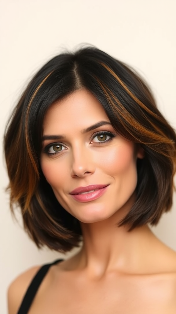 Heidi Klum with short layered black hair with orange highlights, plain light-colored background, in high definition.