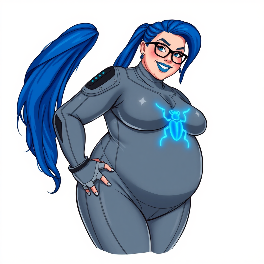 A 28-year-old computer science major embracing her new life as her cyberpunk vigilante boyfriend's nerdy, full-figured, heavily pampered, middle gray-skinned computer program hybrid girlfriend and digital sidekick with a long, maximum blue ponytail. She wears maximum blue lipstick and has bright blue eyes. Her outfit includes a digital, computerized, middle gray bodysuit (accentuating her gargantuan midsection) featuring a neon blue glowing beetle chest icon. She sports black eyeglasses, with a beaming smile and neon red blush. Her full figure reflects the doting care of her vigilante boyfriend. She uses her power to hack into computers and machines to serve as her hero's minicomputer operating out of his hi-tech wristwatch and supercar's supercomputer. The background is solid white. She has a prominent, round, gargantuan midsection. Her midsection is bloated to emphasize her physique. Her middle gray metallic skin highlighting her digital nature. She is drawn as if she was in a retro 2D cyberpunk fighting game.