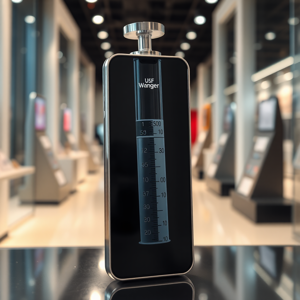 A mobile phone in the shape inspired by a syringe, metallic futuristic, kept for sale, in a showroom, metallic body, touchscreen phone.