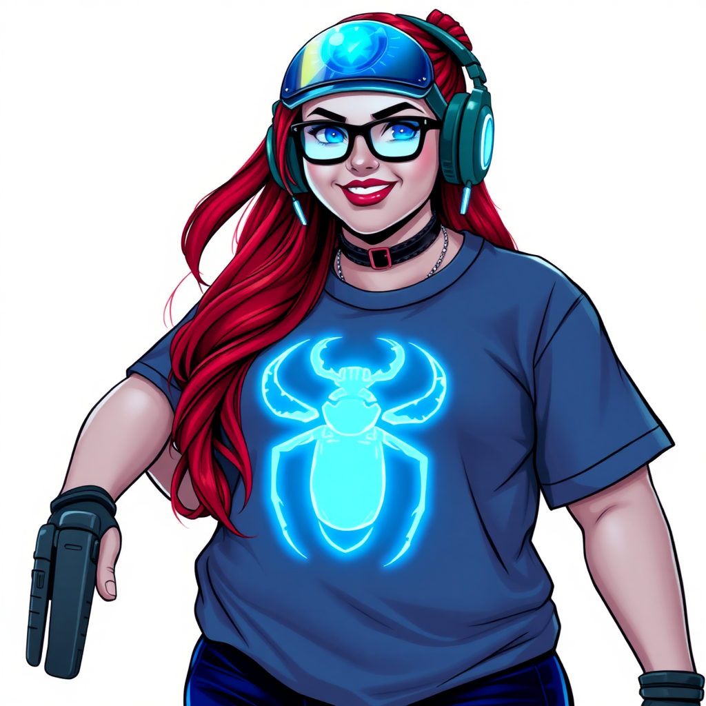 A cyberpunk vigilante’s full-figured intelligent and tech-savvy 29-year-old girlfriend, who is a computer hacker and tech genius. She has a long ruby red ponytail and bright blue eyes. She wears a sapphire beetle gemstone necklace, and an oversized Maximum Blue (RGB 71, 171, 204) t-shirt featuring a giant neon blue glowing icon of a scarab beetle on its chest. She has a full-figured physique with a prominent, gargantuan, round midsection, reflecting her well-cared-for lifestyle. The midsection is heavily emphasized. She sports a sapphire headset with hi-tech Maximum Blue (RGB 71, 171, 204) lensed HUD visor, Maximum Blue (RGB 71, 171, 204) lipstick, black eyeglasses, and a beaming smile with a passionate bright red blush. Despite her figure and a lack of self-esteem, she radiates an air of beauty. She has an angular face which contributes to her radiant beauty. She serves as his tech expert from his hideout, holding a holographic tablet and a hi-tech tool wrench. The background is solid white. She is drawn as if she was in a retro 2D cyberpunk fighting game. Make sure her shirt covers her round midsection.