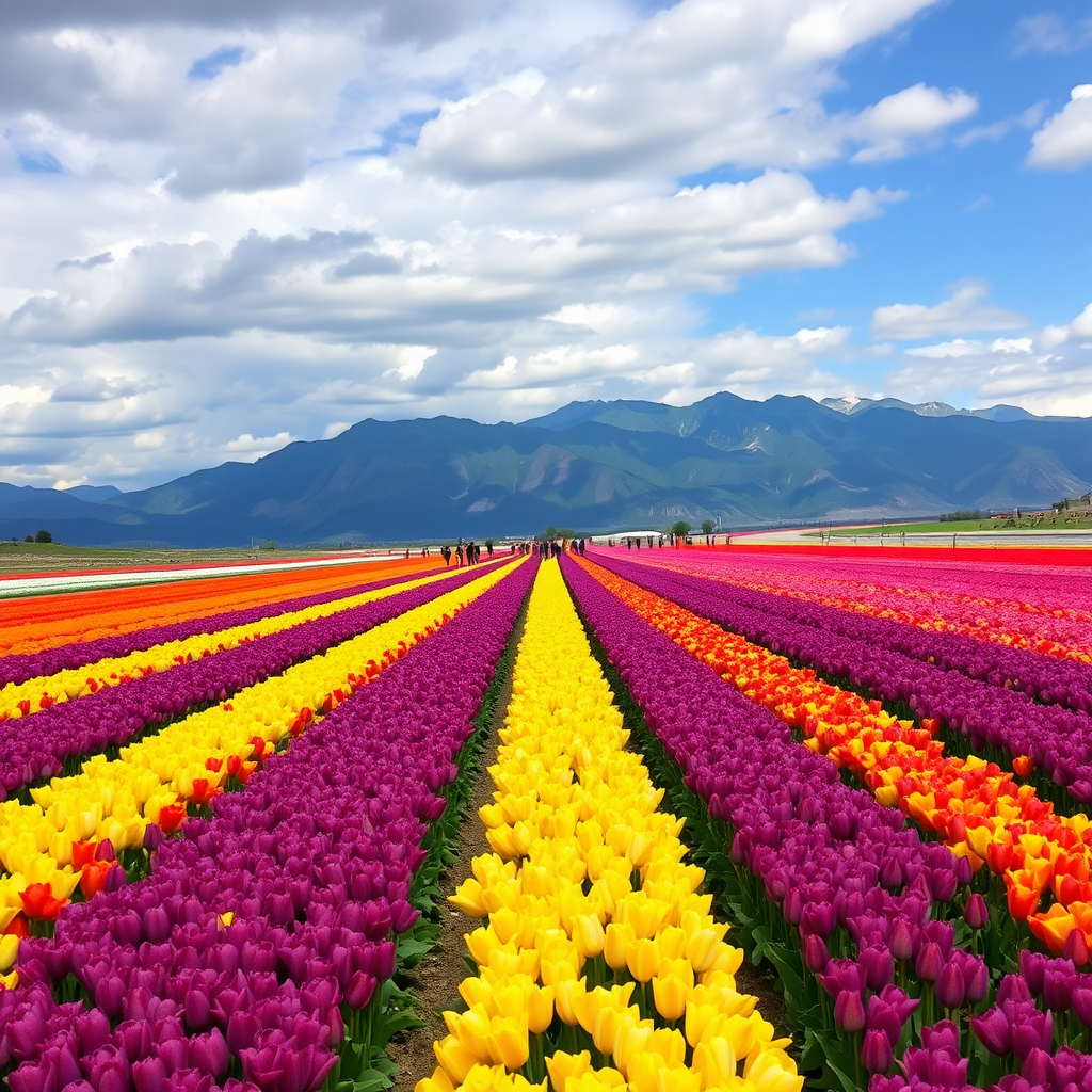 large and long stretches of colored tulips in solid purple, yellow, red, white, with mountains in the background and a sky with clouds and the presence of many people.