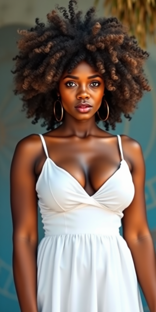 a fullbody photo of a very busty african woman with an afro wearing a white sundress with cleavage