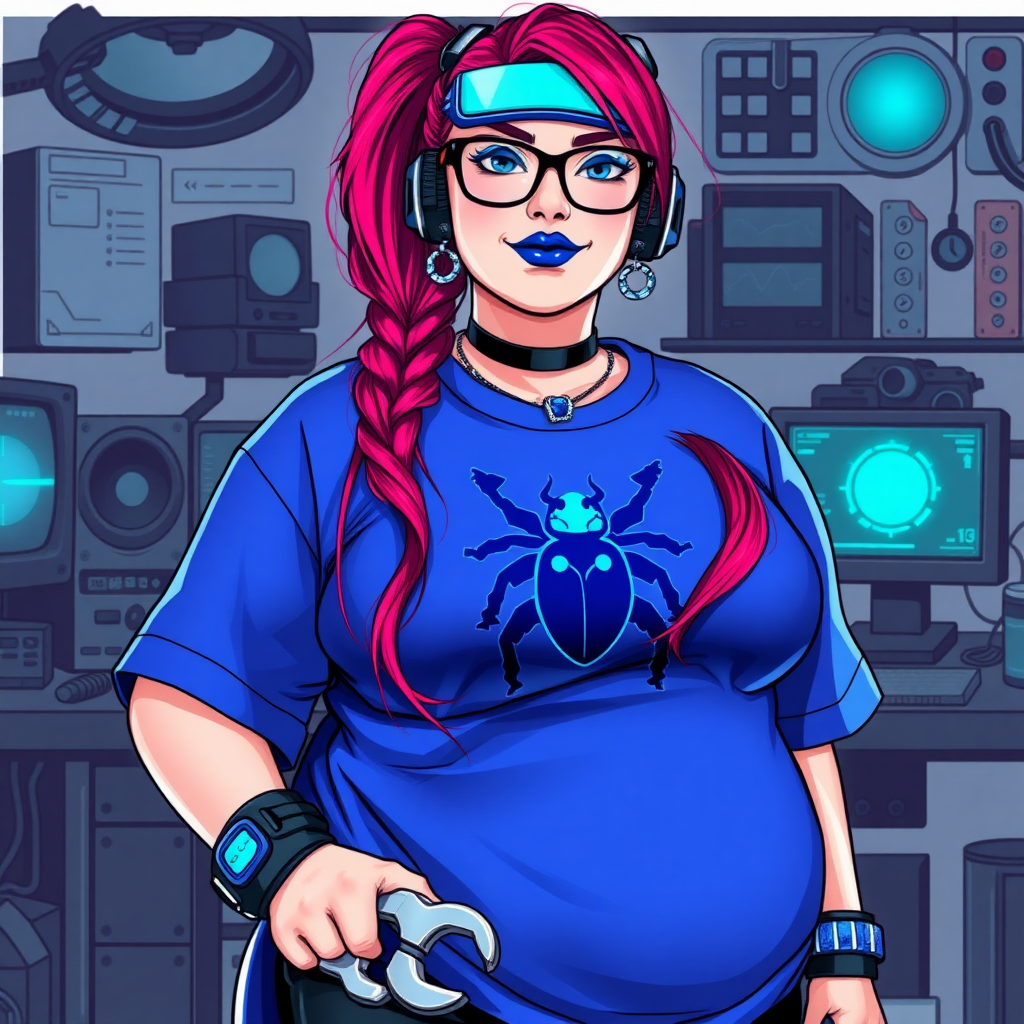 A cyberpunk vigilante’s full-figured intelligent and tech-savvy 29-year-old girlfriend, who is a computer hacker and tech genius. She has a long ruby red ponytail streaked with sky blue. She wears maximum blue lipstick, blue eyes, a sapphire beetle gemstone necklace, sapphire earrings, black eyeglasses, a futuristic holographic wristwatch computer, and an oversized maximum blue t-shirt featuring a neon blue beetle chest emblem. She has a full-figured, well-rounded physique with a prominent, round midsection, reflecting her well-cared-for lifestyle. Her round midsection is broadened and bloated to emphasize her figure. She sports a sapphire headset with a high-tech maximum turquoise lensed HUD, and a shy smile with a neon red blush. She is holding a futuristic hi-tech wrench while standing in her workshop in front of her computer desk and work bench. The background is solid white. She is drawn as if she was in a retro 2D cyberpunk fighting game.