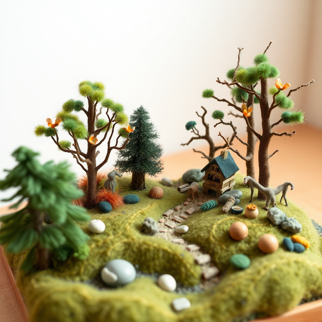 a wool made forest lab diorama