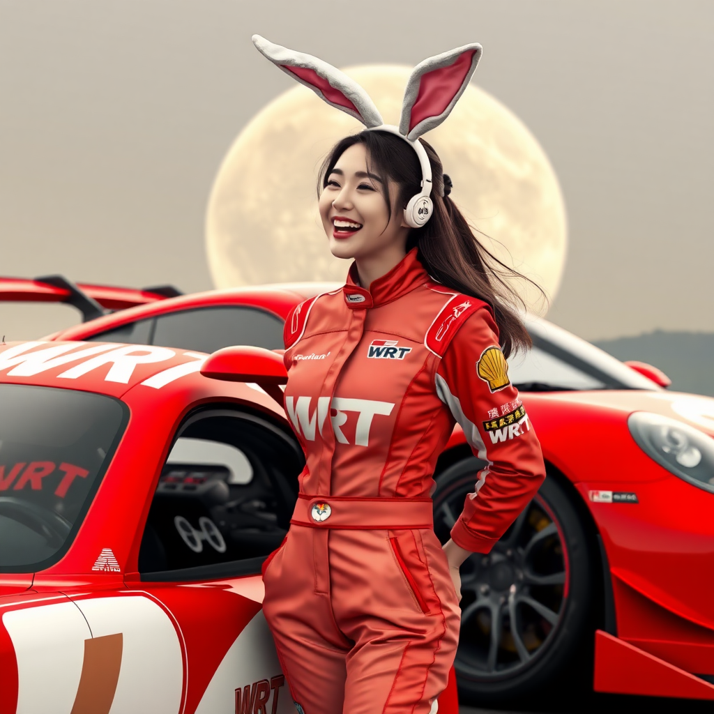 A red racing car with "WRT" written on it, a beautiful Chinese female racer wearing rabbit ears on her head, laughing as she stands next to the car. Her racing suit also has "WRT" written on it, and the background features a giant moon.