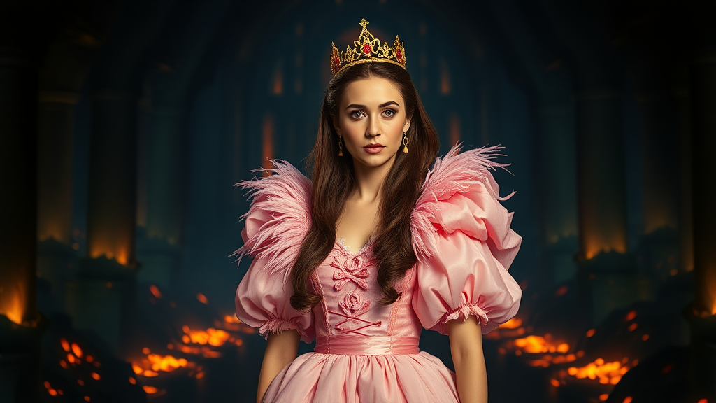 Interior. Dark castle illuminated by pools of glowing lava. Woman with long, feathered brunette hair. Wearing extravagant pink dress with puffy sleeves, and small golden crown. She looks concerned.