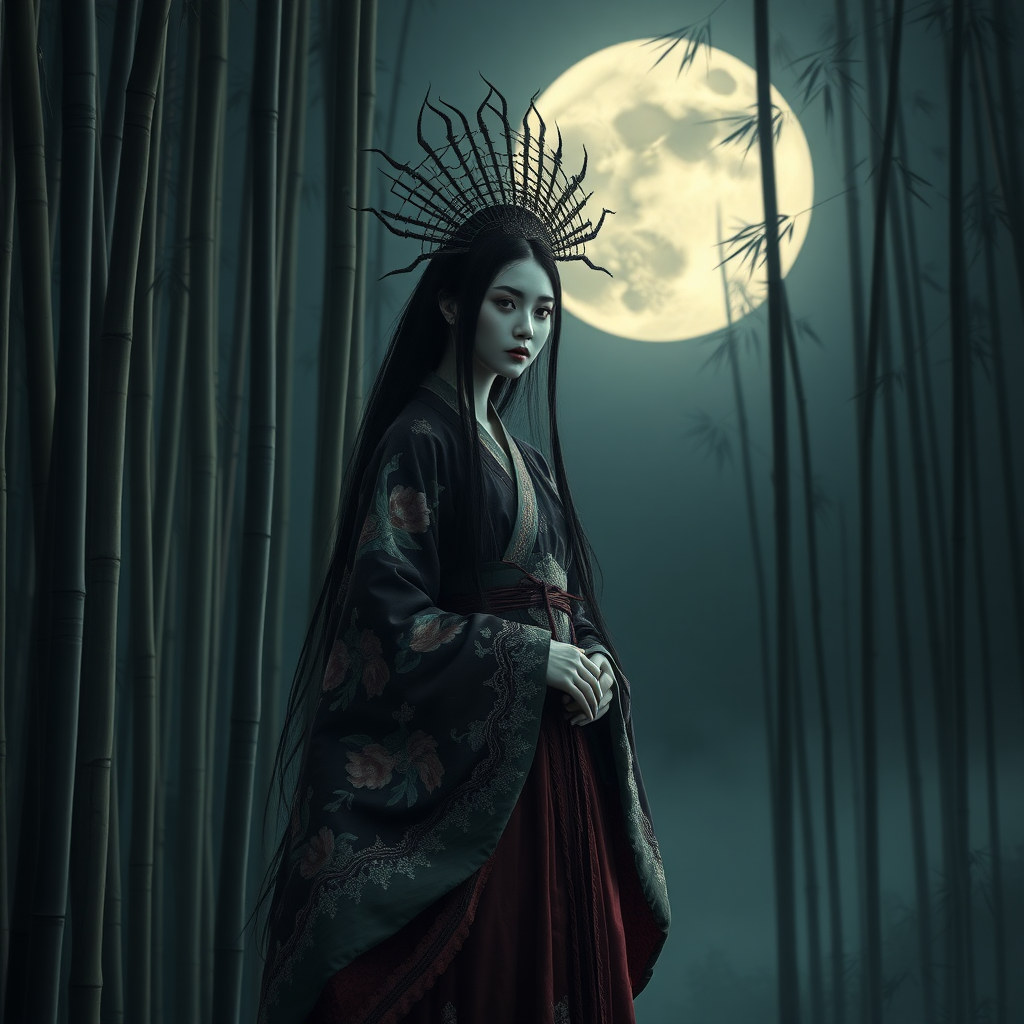 A Korean eerie-looking kumiho in an ancient Hanbok, in front of the full moon in a bamboo forest