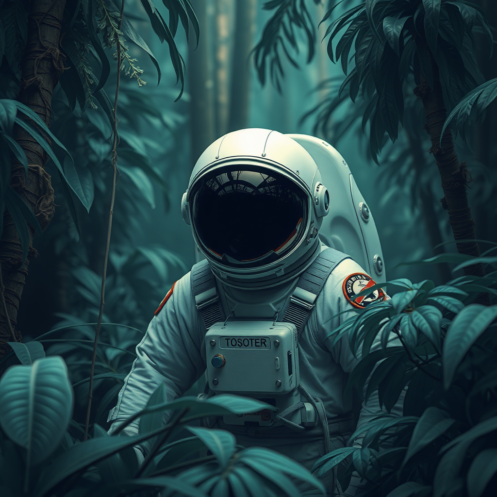 Astronaut in a jungle, cold color palette, muted colors, detailed, 8k