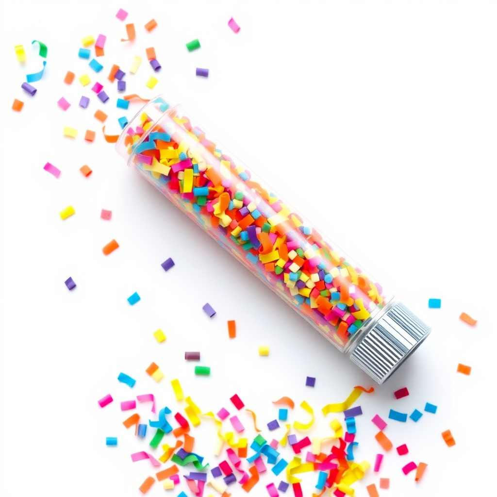 colorful confetti popper tube lying flat at an angle with confetti around it, white background, realistic