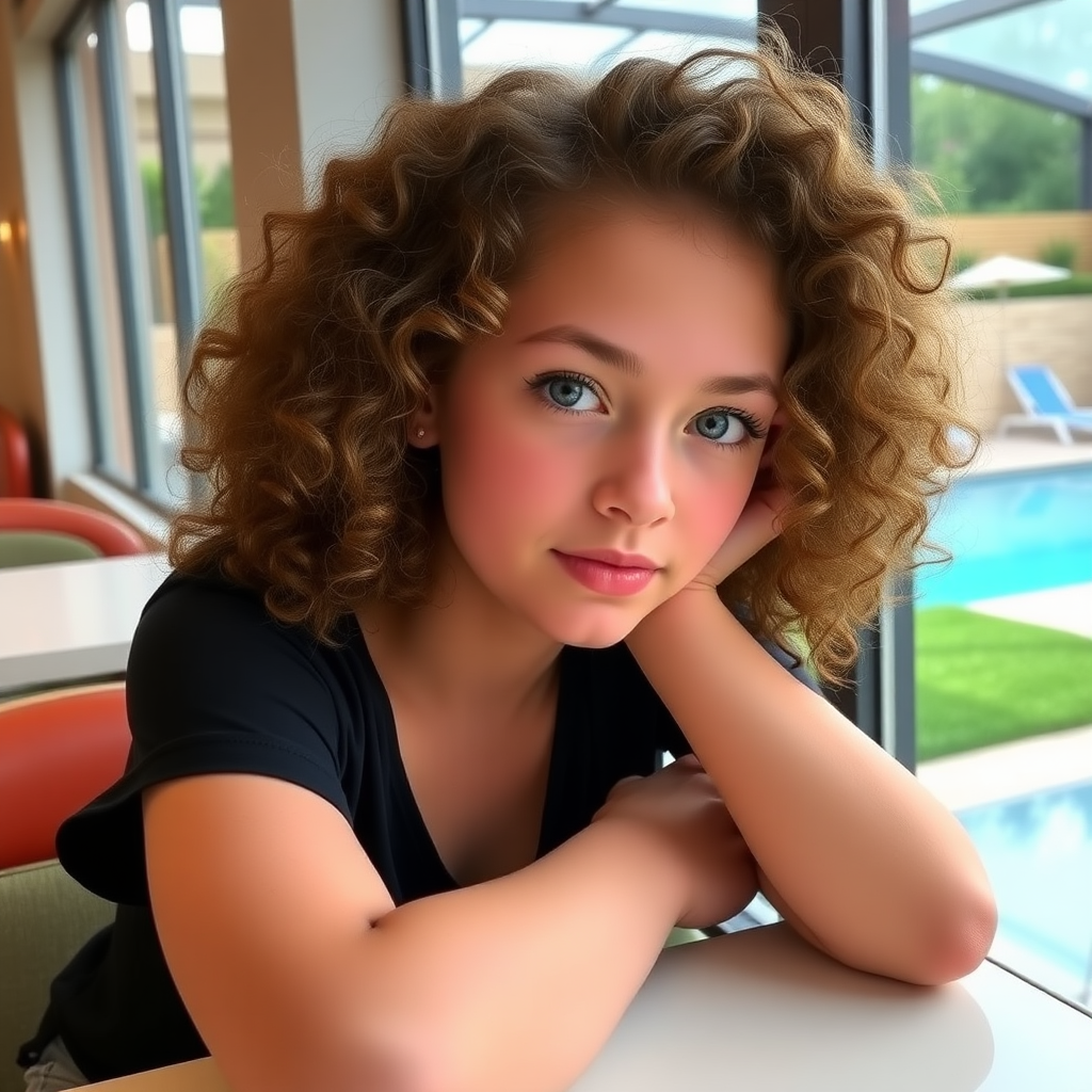 A young, beautiful 18-year-old Little Red Book blogger, with fair skin, big eyes, curly hair, an oval face, and very slim, sitting in a café, leaning on the table, with green grass and a swimming pool outside the window.