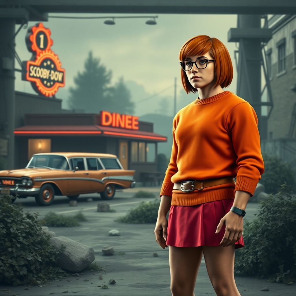 Here is a 681 character concise prompt for DALL-E 3 to generate the requested image:

Detailed full-length portrait of Marcus Fenix's muscular male figure wearing Velma Dinkley's iconic orange sweater, red skirt, knee-high socks, and circular glasses. Velma's auburn shoulder-length hairstyle and facial features, including freckles, remain intact atop Fenix's head. The background blends the gritty, industrial environment of the Gears of War universe with the retro American suburban setting of Scooby-Doo, featuring a classic woodgrain paneled station wagon, a neon diner sign, and overgrown foliage amidst crumbling concrete ruins.