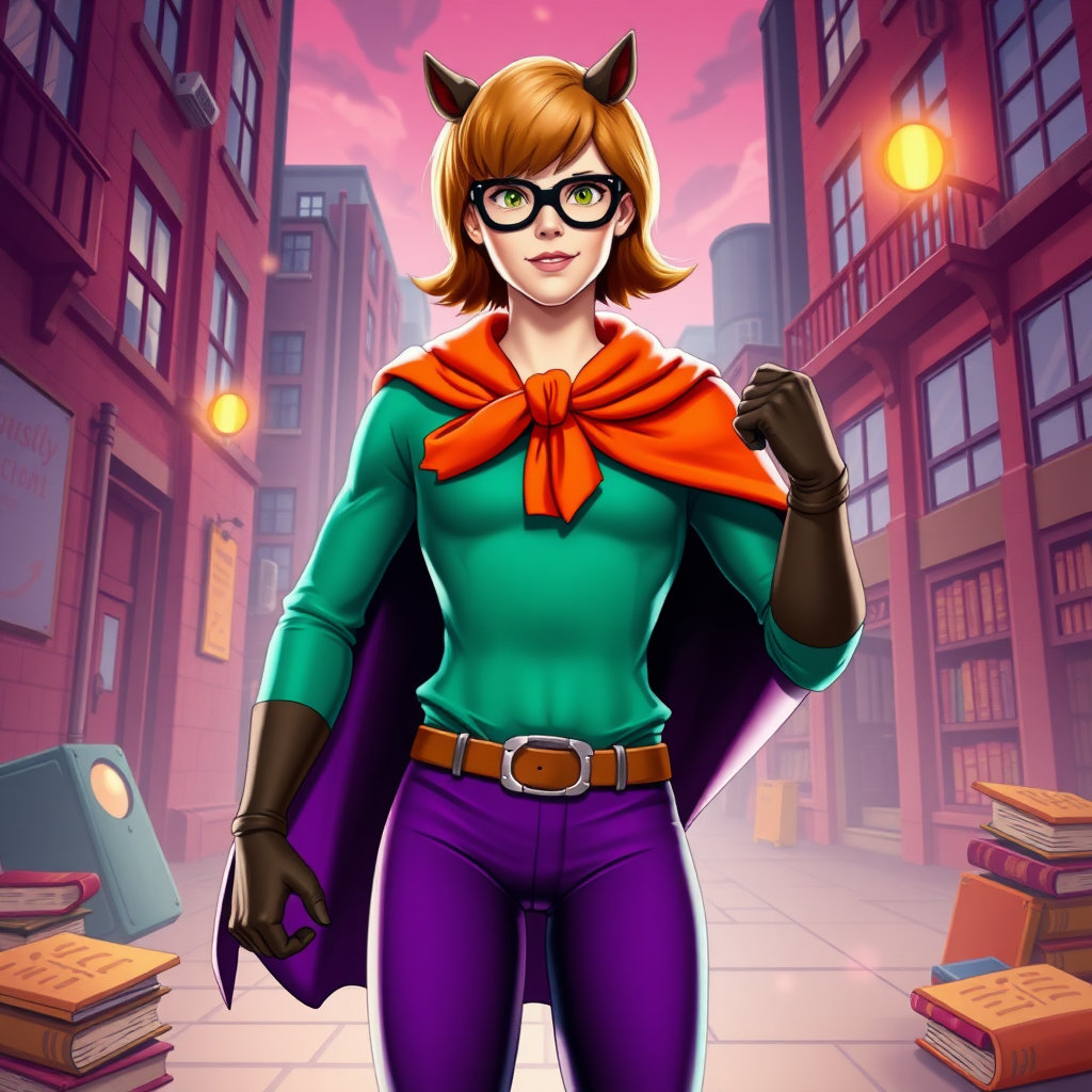 Create a full-length photorealistic image of a hybrid character: Velma Dinkley from Scooby-Doo combined with the body of a male superhero. Maintain Velma's iconic costume but modify it to fit her new proportions. Design the background using elements inspired by Velma's inquisitive and intelligent nature, featuring elements like magnifying glasses, books, and mysterious clues, all set in a stylized, cartoonish urban setting that complements the hybrid character. Prioritize vibrant colors and dynamic poses to convey a sense of action and curiosity.