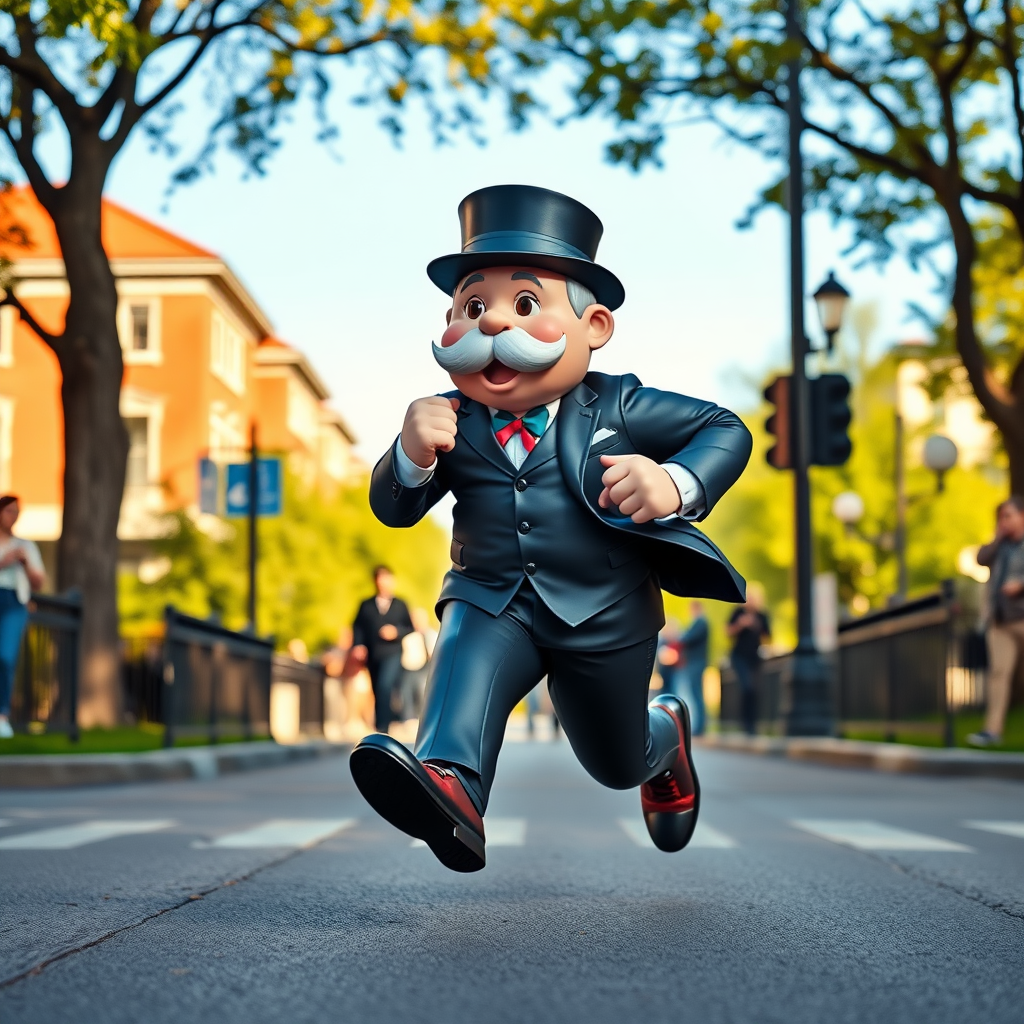 Monopoly Guy is jogging and catching up a citizen.