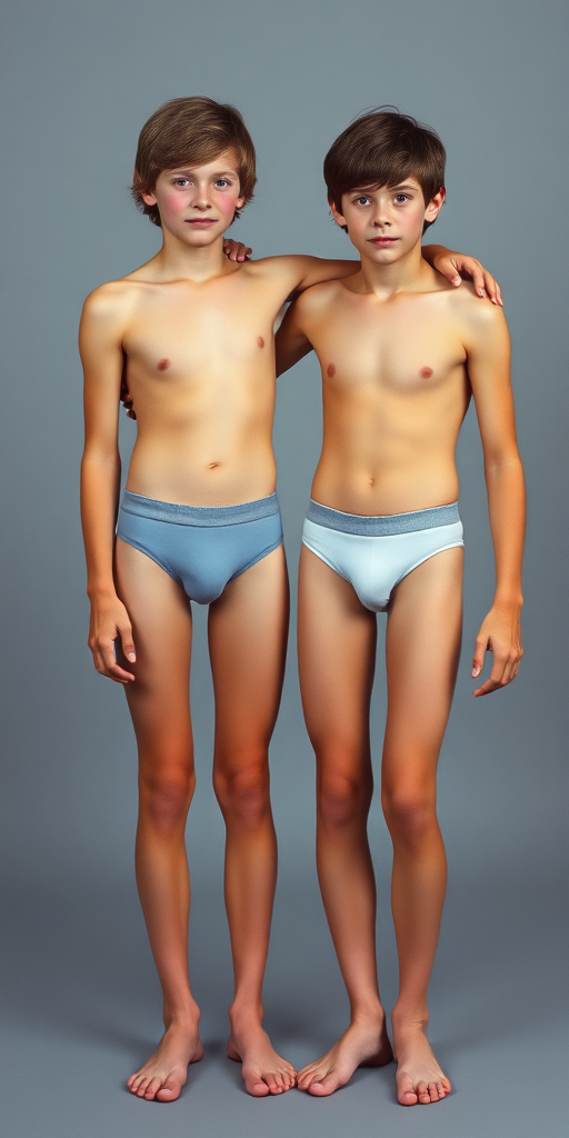 photorealistic, ultra high resolution, 16K. Two tall skinny 16yo teen boys wearing tight narrow girly briefs. Long legs, bare thighs, narrow hips. Vintage photograph, 1980s.