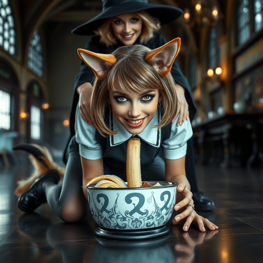 photorealistic, ultra high resolution, 16K, surreal fantasy, studio lighting, a wicked witch at Hogwarts School has cast a spell on Tyler Swift, who is a pretty 18 year old dog-boy, slim male physique with dog ears and bushy tail, shoulder length brown hair, goth makeup, earrings, spikey dog collar, dressed as a Hogwarts Slytherin girl - glossy grey pantyhose, school uniform, Mary-Jane shoes, kneeling on all fours the floor face down eating food from a dog bowl on the student dining hall at Hogwarts School, excited smile and a peeled banana protruding from his mouth. The witch is standing behind Tyler and is resting her arms on his shoulders. full body view, facing the camera.