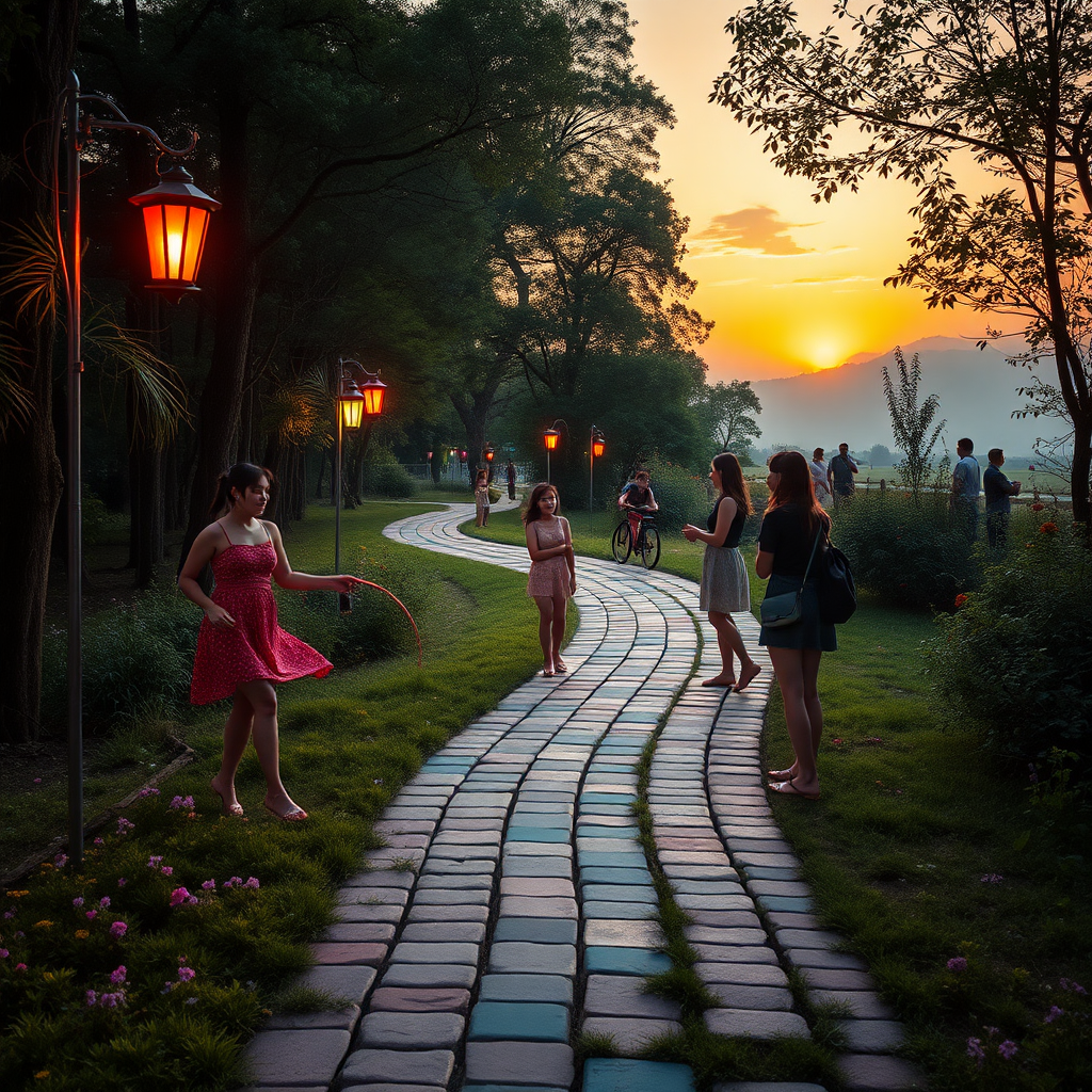 High summer. It is a hot summer evening. Three young, pretty Asian women are playing jump rope. Two other young, sexy Asian women are playing badminton. Two more young Asian women are conversing by the roadside. A roughly 500-meter long, winding, and 2-meter wide bike and footpath runs along the edge of the forest, overgrown for about 50 meters by young trees and made of strikingly colored and variously sized paving stones. On either side of this path, about 1-meter high lanterns are placed every three meters, each in a different color, effectively and colorfully illuminating the path in the style of the 1950s. Colorful small herbs and wildflowers bloom on both sides of the path. It begins to dusk. Part of the sky is visible. As in a fantasy image, a few wispy clouds can be seen, illuminated in pastel colors by the late evening sun. The scene is bathed in a warm yellow light. The atmosphere is mystical and surreal. In the background, haze has formed. Very small mythical creatures can be seen in the bushes.