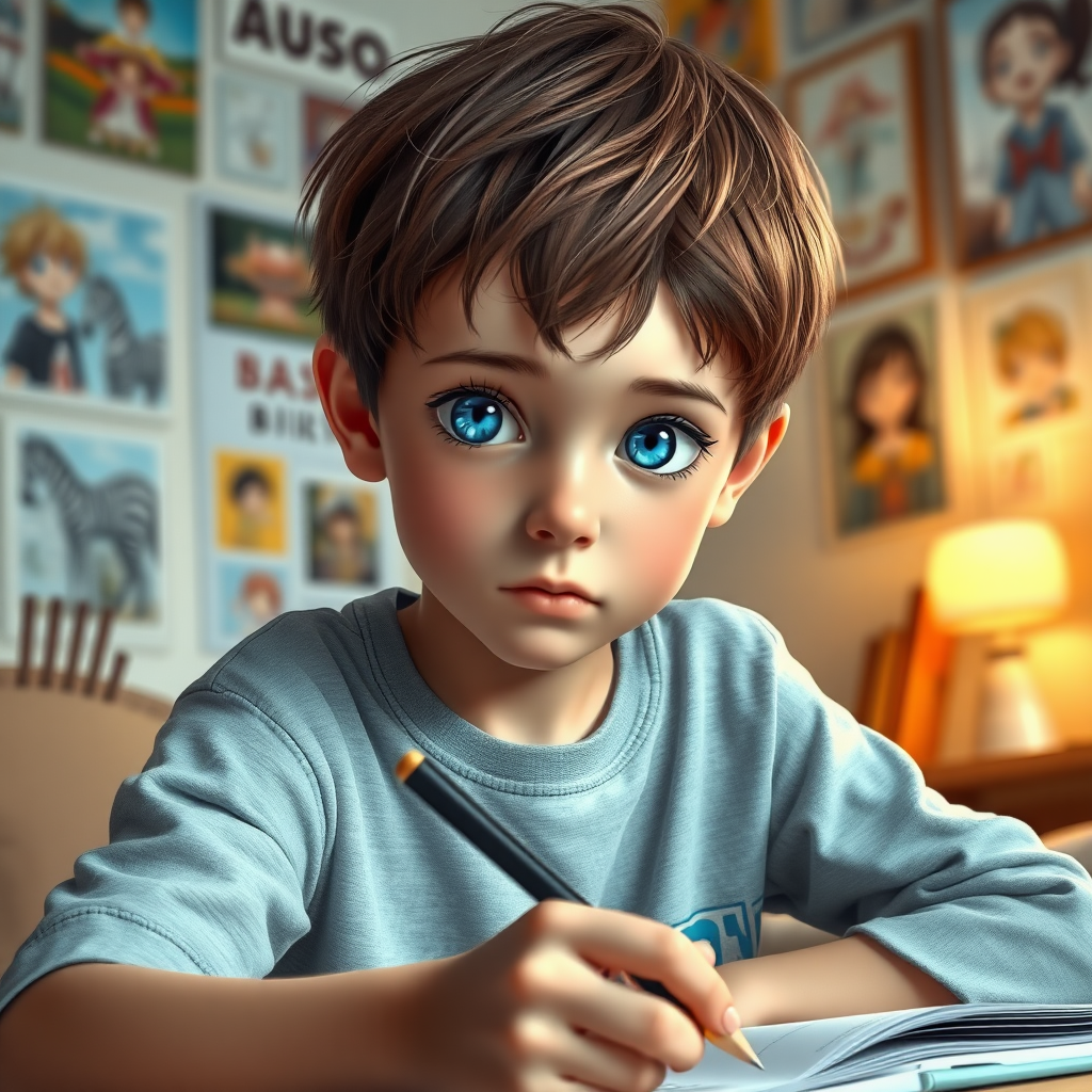 A 12 year old boy. He has blue eyes, brown short hair and he has a concentrated look. He is drawing in his room. He has Anime pictures on his wall. photorealistic, ultra high resolution, 16K,