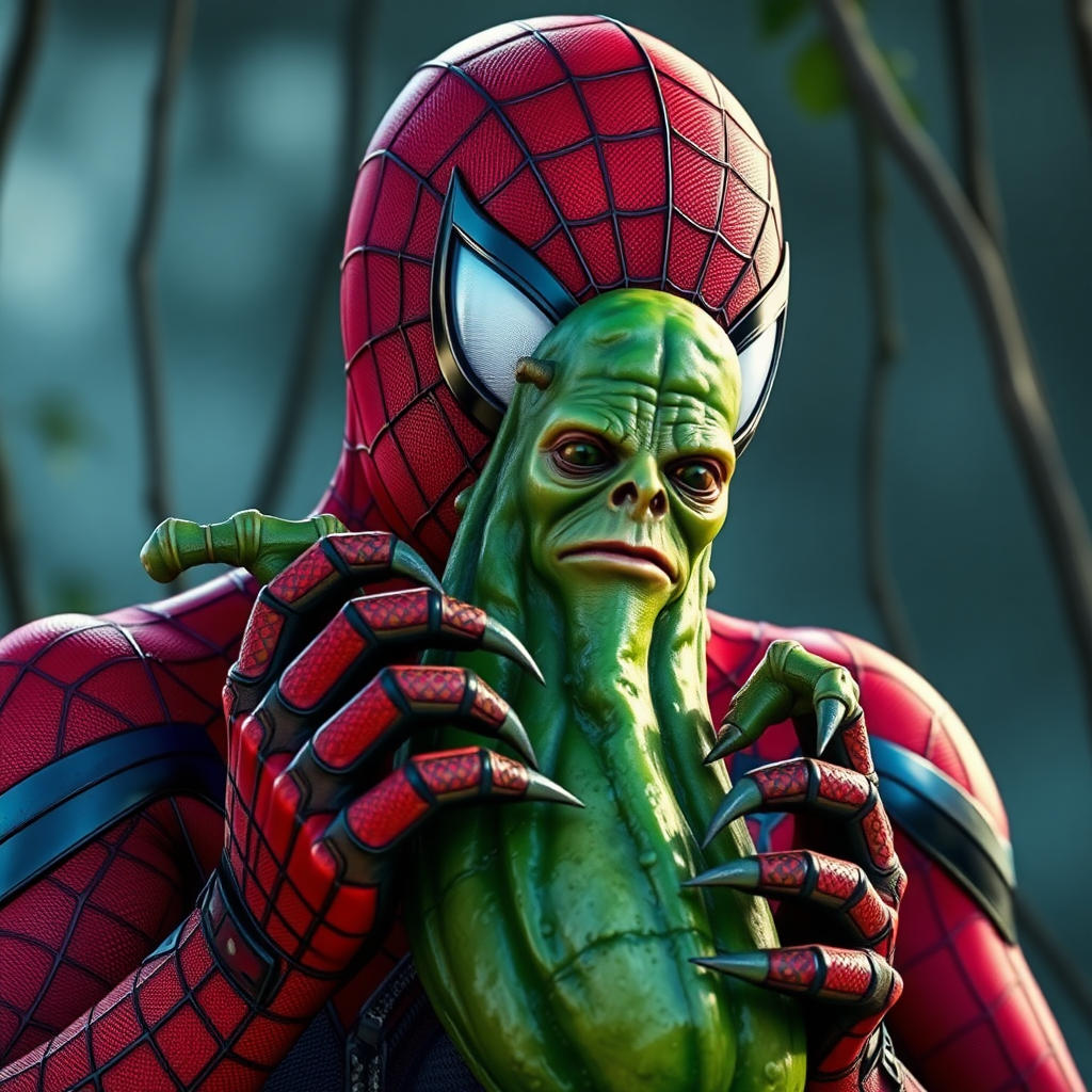 Ultra realistic. Picholas cage. Nicolas cage pickle. Spider-Man holding a humanoid pickle that looks like Nicolas cage as a swamp creature. The pickle has the face of Nicolas cage and claws. Nicolas cage face