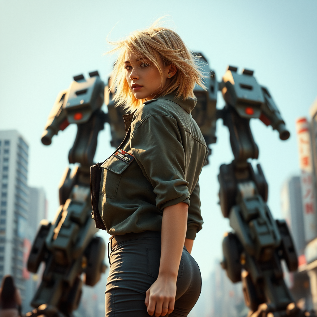 A full body shot from behind of a pretty twenty-something female with a face resembling (ana de armas). strawberry blonde messy shoulder length hair tussled by wind. military outfit, "Benaenae" badge on the breast pocket, long legs, futuristic neo-tokyo, battletech giant mechs twice the height of buildings, Hyper-realistic, Photorealistic digital matte painting, soft focus, film grain, lens flare. gritty, dirty, scuffed.