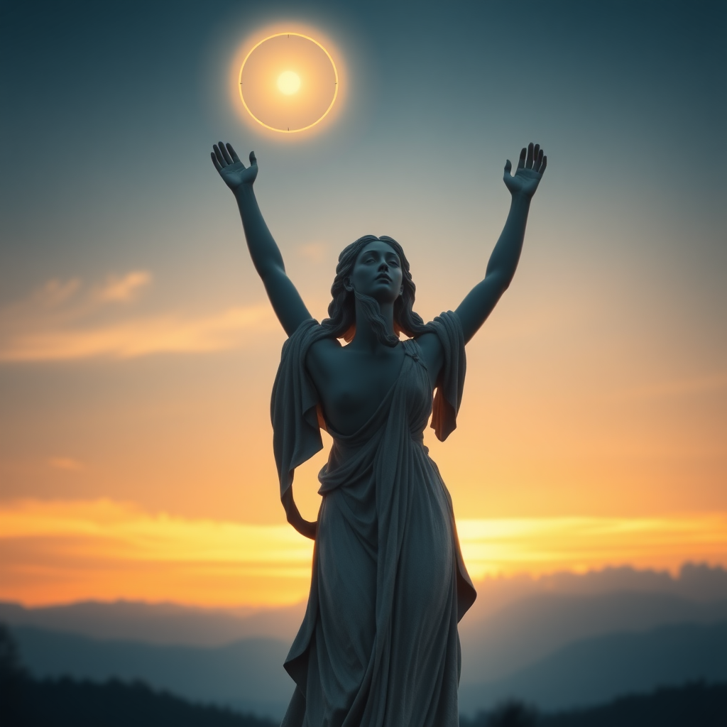 The Beautiful Goddess Venus reborn arms up greeting the dawn real person