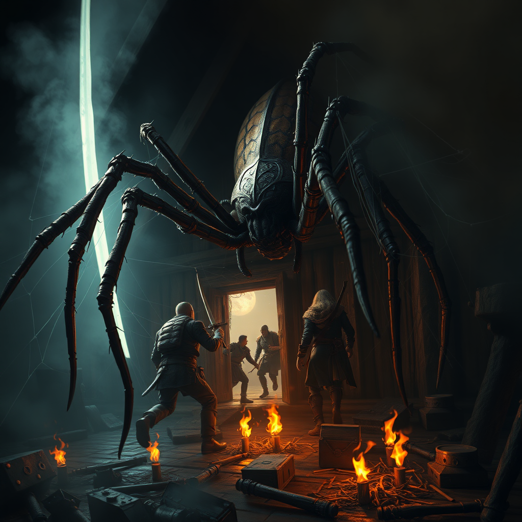 a sword spider as big as a human, the attic of a farmhouse, and several adventurers getting stabbed by sharp legs. One adventurer fleeing through a doorway only to be caught by webs. Torches lay on the ground. digital matte painting.