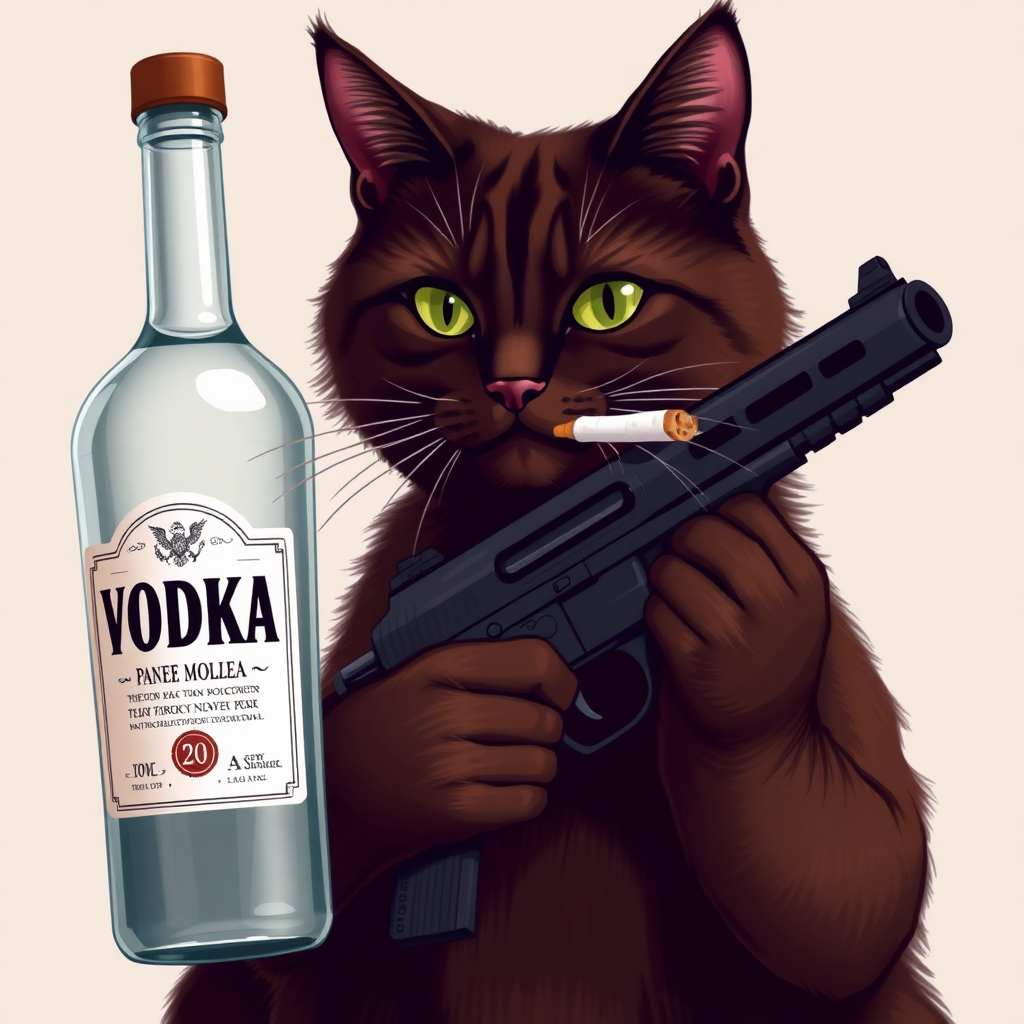 A dark brown cat with a bottle of vodka, a gun, and a cigarette in its mouth.