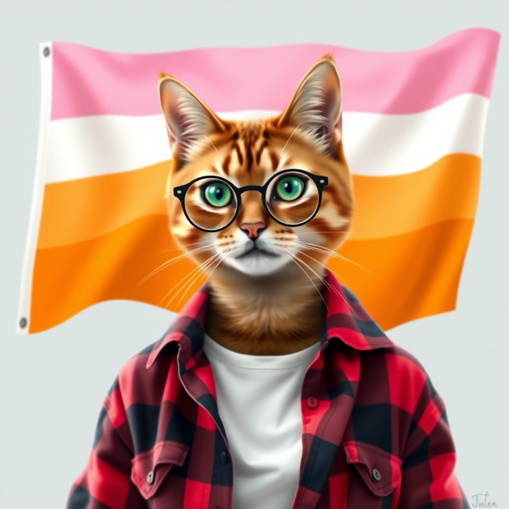 female cat-man chestnut color with, behind, a flag with horizontal colors pink/light pink/white/light orange/orange, colors in order, wearing semi-round glasses, an open red and black checkered shirt with a white t-shirt, in digital art