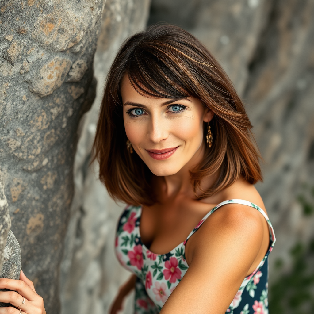 middle-aged woman, brown hair, shoulder length, blue eyes, slim, small, wearing a flower-pattern dress, rock climbing on a mountain.