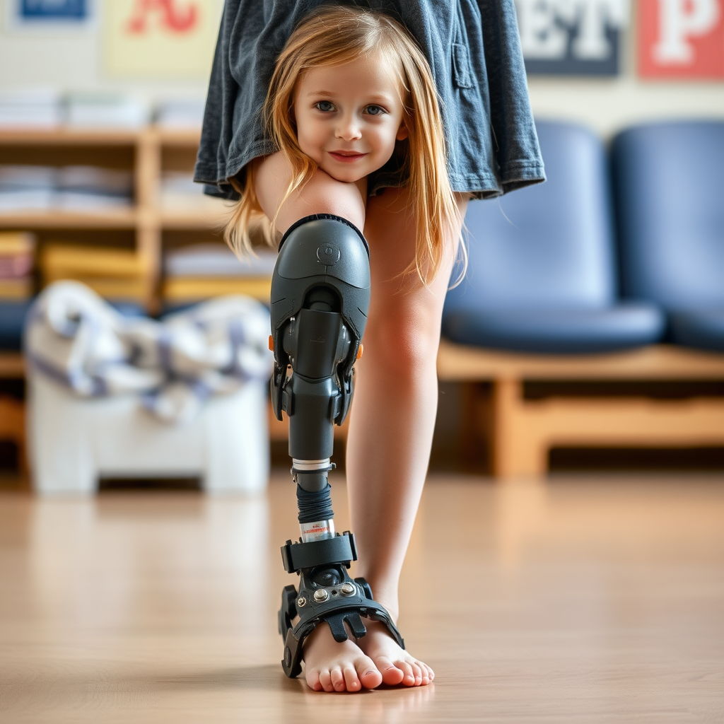 A girl with a leg amputation, can be seen fully, without prosthetics.