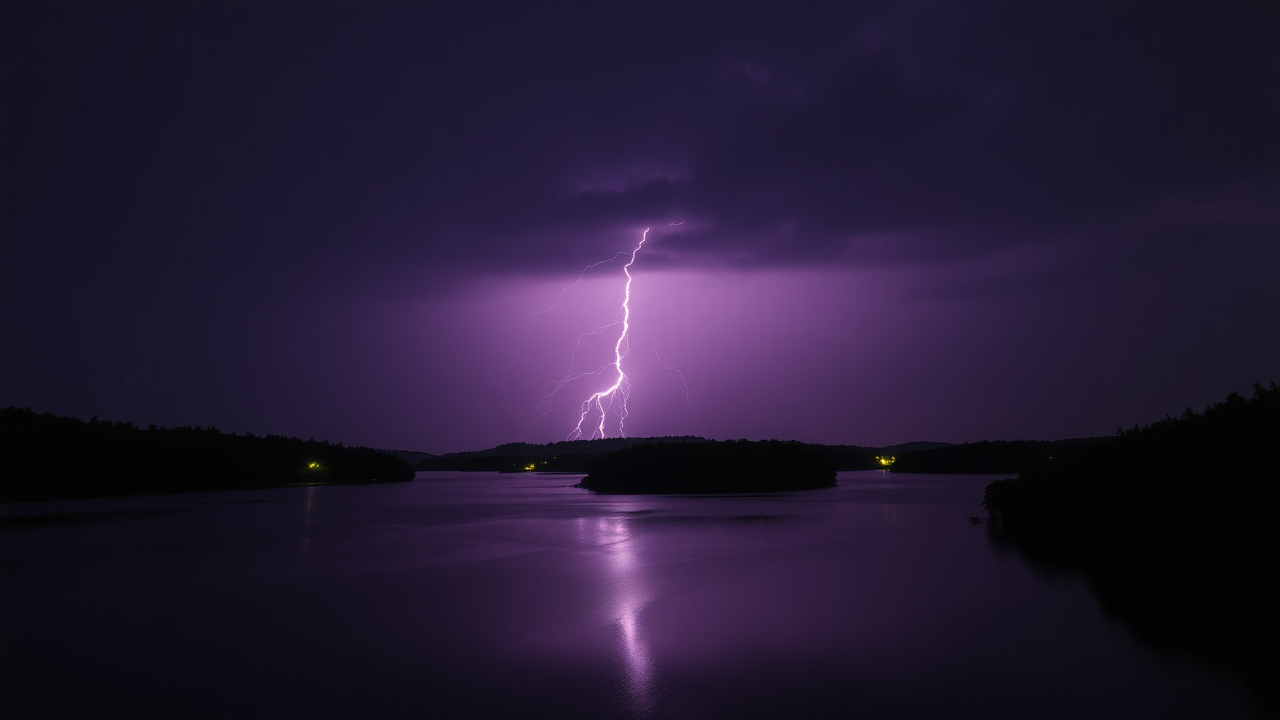 photo, lakes, purple sky, lightning