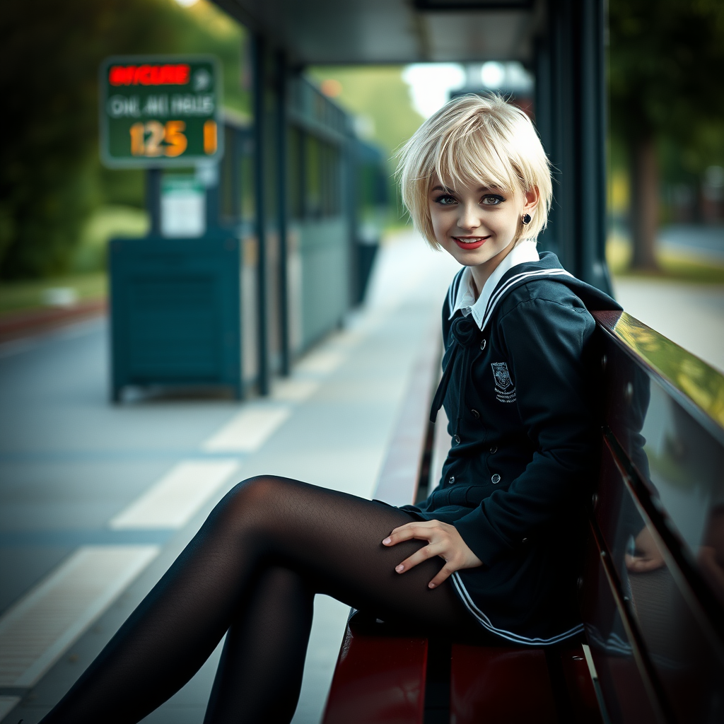 photorealistic, ultra high resolution, 16K, surreal fantasy, soft studio lighting, a pretty 18 year old goth male, slim male physique, short blonde hair, goth makeup, earrings, shiny black pantyhose, UK girls-school uniform, Mary-Jane shoes, sitting on a bench waiting for the school bus, in daylight, excited smile, facing the camera.