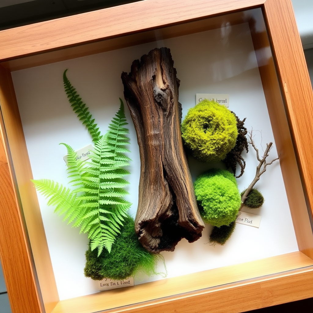 A picture frame contains some ferns and moss, with a piece of dead wood standing upright in the middle, and labels indicating the species of each plant.