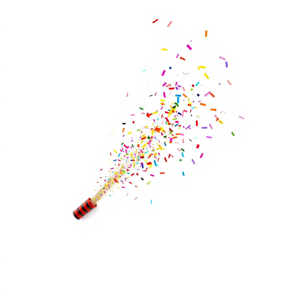 big confetti shooting from a small colorful tube into the air, at an angle, white background, realistic, beautiful