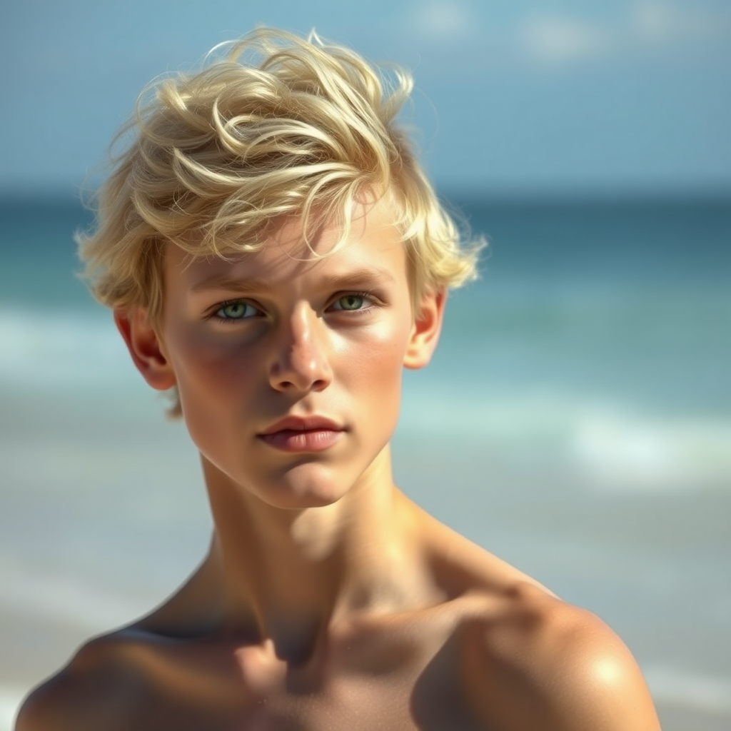 17 year old guy of about 160 cms with blonde semi curly hair, green eyes, he looks even younger, he is white. Very realistic photo of him on the beach.